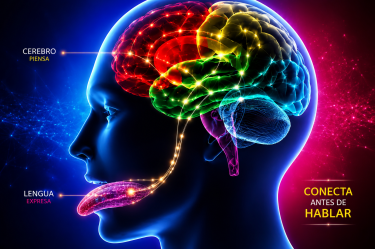 Ilustración de un cerebro conectado con la lengua mediante impulsos, acompañada del mensaje sobre pensar antes de hablar y comunicar con prudencia.