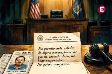 Ilustración dramática de la carta manuscrita de arrepentimiento de Ismael "El Mayo" Zambada sobre el estrado de la corte de Nueva York, con un retrato del capo de Sinaloa y el mazo del juez Brian Cogan.