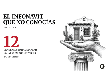 Portada de “El Infonavit que no conocías”, parte 2 de 3, con una casa sostenida por una mano sobre una columna.P2