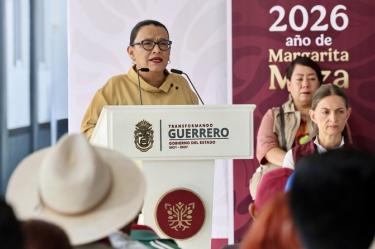 Rosa Icela Rodríguez durante el informe del Plan Maestro para La Montaña Alta y Baja de Guerrero