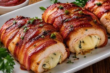 Jugosas pechugas de pollo envueltas en tocino para cambiar las comidas de siempre