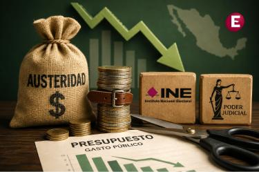 Austeridad presupuestal para el INE y el Poder Judicial en México, representada con monedas, recorte de gasto y símbolos institucionales.