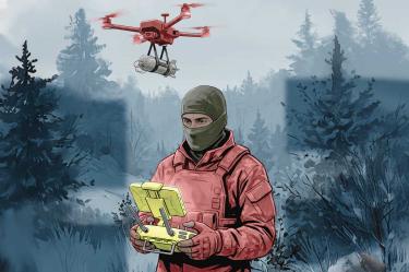 Ilustración de un delincuente maniobrando un dron.