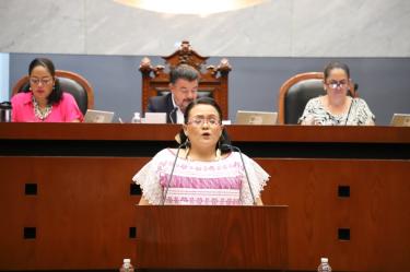 Marisol Bazán habla ante el Congreso de Guerrero durante una sesión, frente a la tribuna y legisladores del recinto estatal.