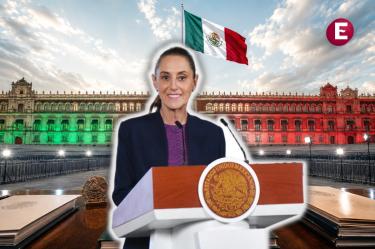 Segundo Informe de Gobierno de Claudia Sheinbaum representado con Palacio Nacional, bandera de México y podio presidencial