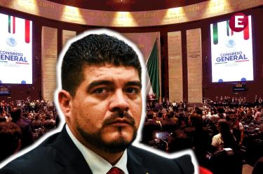 Retrato del legislador Zenyazen Escobar superpuesto sobre una sesión del Congreso General en el pleno de la Cámara de Diputados.