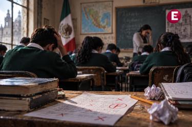 Salón de clases con estudiantes durante una evaluación, libros y exámenes reprobados en primer plano, imagen que representa el retroceso educativo señalado en los resultados PISA.