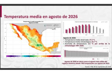 Mapa de México muestra la temperatura media de agosto de 2026, con registros de 27.2 °C y una anomalía de 2.5 °C.