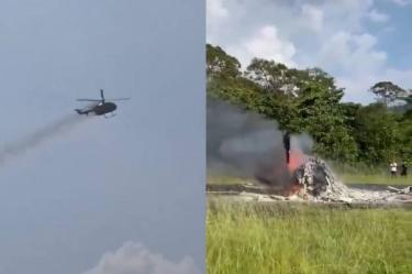 Imágenes en redes sociales mostraron al helicóptero envuelto en humo.