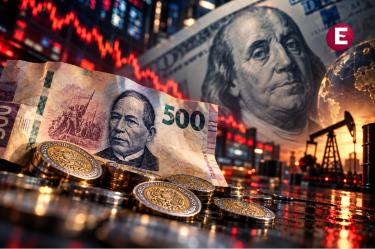 Billete de 500 pesos mexicanos y monedas frente a un dólar estadounidense, una gráfica en rojo y referencias al petróleo, en medio de la depreciación del peso.