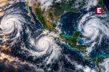 Imagen satelital ilustrativa de las tormentas Simón, Isaías y Rachel sobre México, el océano Pacífico y el Golfo de México.