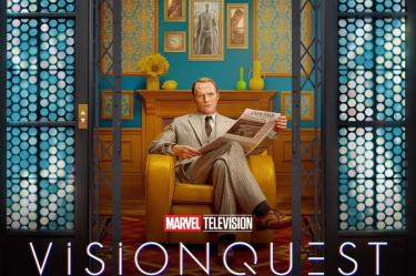 Póster de VisionQuest con un hombre de traje gris sentado en un sillón amarillo mientras lee un periódico en una habitación colorida.