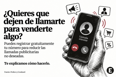 Ilustración de una mano sosteniendo un teléfono con una llamada entrante y símbolos de publicidad comercial. La imagen presenta los registros gratuitos para reducir llamadas no deseadas.