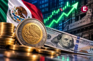 El peso mexicano se recupera frente al dólar estadounidense, con monedas mexicanas, billetes de dólares y una gráfica financiera al alza.