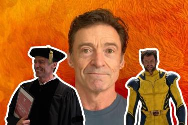 Collage de Hugh Jackman con toga de graduación, un retrato al centro y caracterizado como Wolverine con traje amarillo.