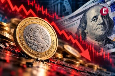 Moneda mexicana de un peso frente a billetes de dólares estadounidenses y una gráfica bursátil descendente, que representa la depreciación del peso mexicano.