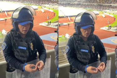 Policía es captada apoyando a Cruz Azul durante el partido ante Pumas en el Estadio Olímpico Universitario.
