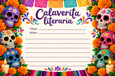 Plantilla de calaverita literaria con espacio para título, autor y versos, decorada con calaveras mexicanas, flores de cempasúchil y velas.