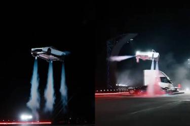 El deportivo saltó sobre una fila de vehículos Tesla, entre ellos el camión Semi.
