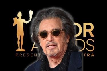 Montaje de Al Pacino con lentes oscuros y cabello gris frente al logotipo dorado de los Premios del Actor de SAG-AFTRA.