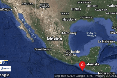 Sismo de magnitud 5.1 registrado a 149 kilómetros al suroeste de Ciudad Hidalgo, Chiapas, este sábado. Las autoridades descartaron daños y peligro de tsunami en las zonas costeras.