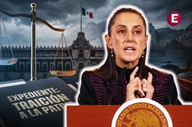 La presidenta Claudia Sheinbaum hablando en el podio presidencial, con una ilustración de fondo que muestra el Palacio Nacional, una balanza de la justicia desequilibrada y un expediente que lee "EXPEDIENTE: TRAICIÓN A LA PATRIA".