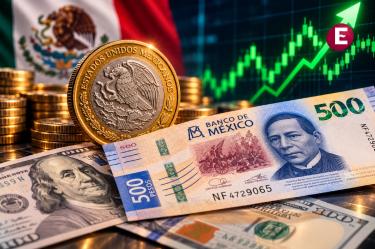 El peso mexicano se aprecia frente al dólar, con billete de 500 pesos, dólares estadounidenses y monedas mexicanas sobre un fondo de mercados financieros al alza.