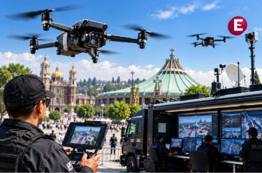 Drones de vigilancia del programa Fuerza Centinela y Centro de Inteligencia móvil frente a la Basílica de Guadalupe, en Gustavo A. Madero.