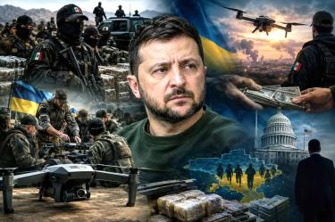 Ilustración sobre el presidente ucraniano Zelensky y la capacitación de narcos mexicanos.
