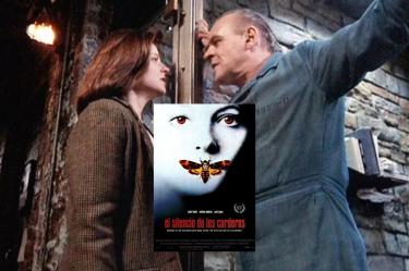 Jodie Foster y Anthony Hopkins en una escena de El silencio de los inocentes, con el cartel de la película superpuesto.