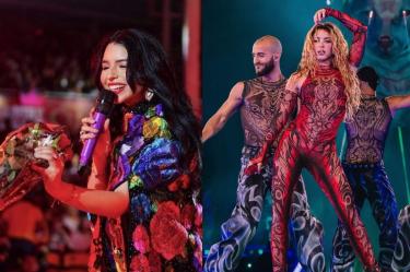Ángela Aguilar canta con micrófono morado y ramo de flores, mientras Shakira baila con traje rojo durante un concierto.