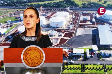 La presidenta Claudia Sheinbaum durante su conferencia matutina, superpuesta sobre la terminal de almacenamiento de combustible asegurada por la FGR en San José Iturbide, Guanajuato.