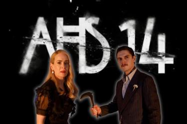 Sarah Paulson y Evan Peters aparecen frente al anuncio de AHS 14, nueva temporada de American Horror Story.