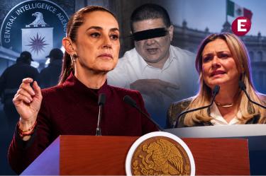 Claudia Sheinbaum en primer plano, Maru Campos y César Jáuregui al fondo en una composición sobre la tensa reunión por la participación de agentes de la CIA en Chihuahua.