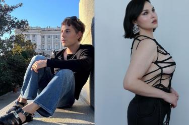 Christian Chávez sentado al aire libre con ropa negra y jeans, junto a un retrato de Estefanía Villarreal con vestido negro.