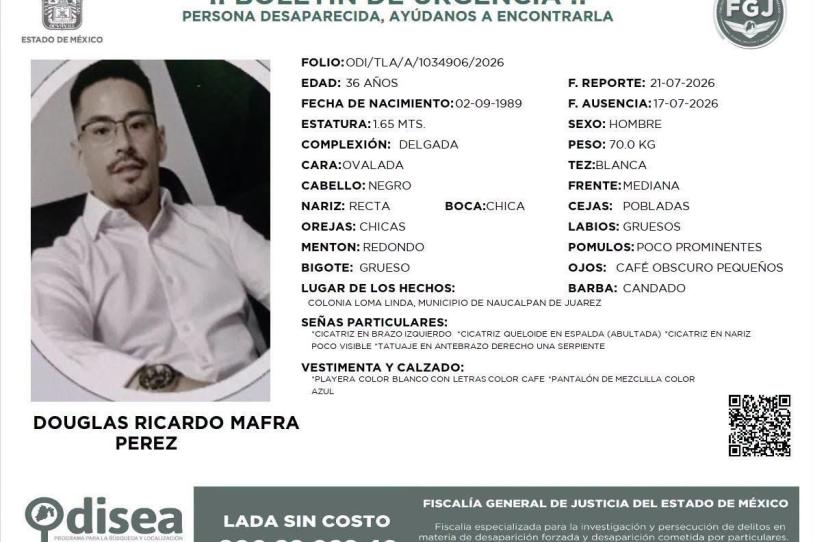 Bloqueos en Naucalpan: familiares exigen localizar a Douglas Ricardo Mafra Pérez 1 Cedula de Busqueda Bloqueos en Naucalpan: familiares exigen localizar a Douglas Ricardo Mafra Pérez