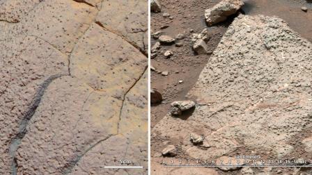 Un conjunto de imágenes compara rocas vistas por el Opportunity de la NASA y el rover Curiosity, en dos zonas diferentes de Marte, en esta foto folleto NASA.  A la izquierda está "Wopmay" roca en el cráter Endurance, Meridiani Planum, ya estudiado por el rover Opportunity. A la derecha están las rocas de la "Sheepbed" unidad en Yellowknife Bay, en el cráter Gale.