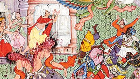 Krisna parte por la mitad con su disco al demonio Naraka. 