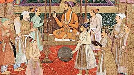 Abid, hijo de Aqa Reza. El emperador Shah Jahan en el Trono del Pavo Real.