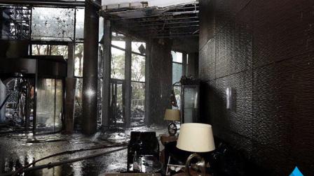 El lobby del hotel Address Downton de Dubai un día después del incendio. Foto: Cortesía Gobierno de Dubai