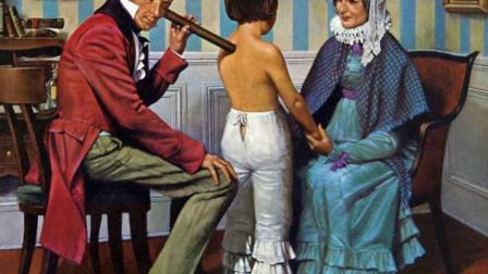 Imagen exhibida en la Universidad de Michigan que muestra una pintura de 1960 de Theophile Laennec, el inventor del estetoscopio, examinando a una niña en el Hospital Necker de París en 1816.