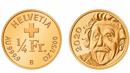 Albert Einstein sacando la legua, la moneda más pequeña del mundo