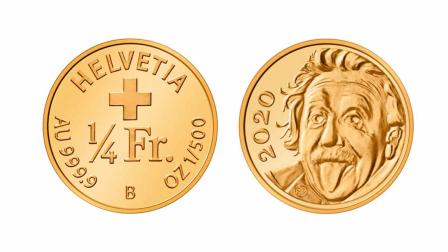 Albert Einstein sacando la legua, la moneda más pequeña del mundo