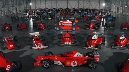 Vista panorámica de una colección de monoplazas de Fórmula 1 en un amplio hangar. Los autos, dispuestos simétricamente, incluyen modelos históricos y contemporáneos en su característico color rojo Ferrari, representando diferentes eras del deporte automovilístico.