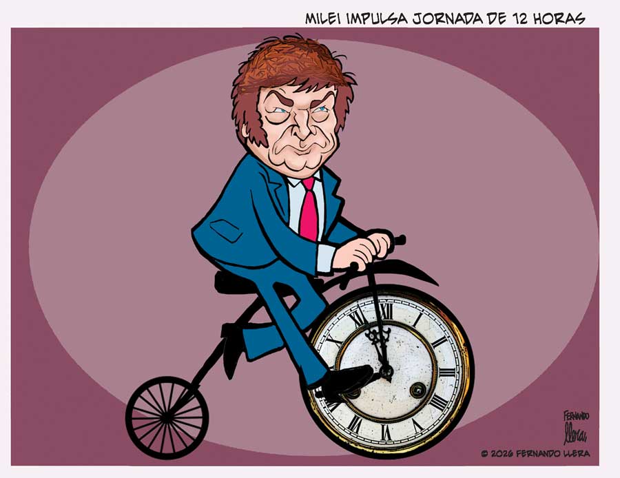 Cartón de Fernando Llera del 13 de febrero de 2026 sobre Javier Milei y la jornada laboral en Argentina.